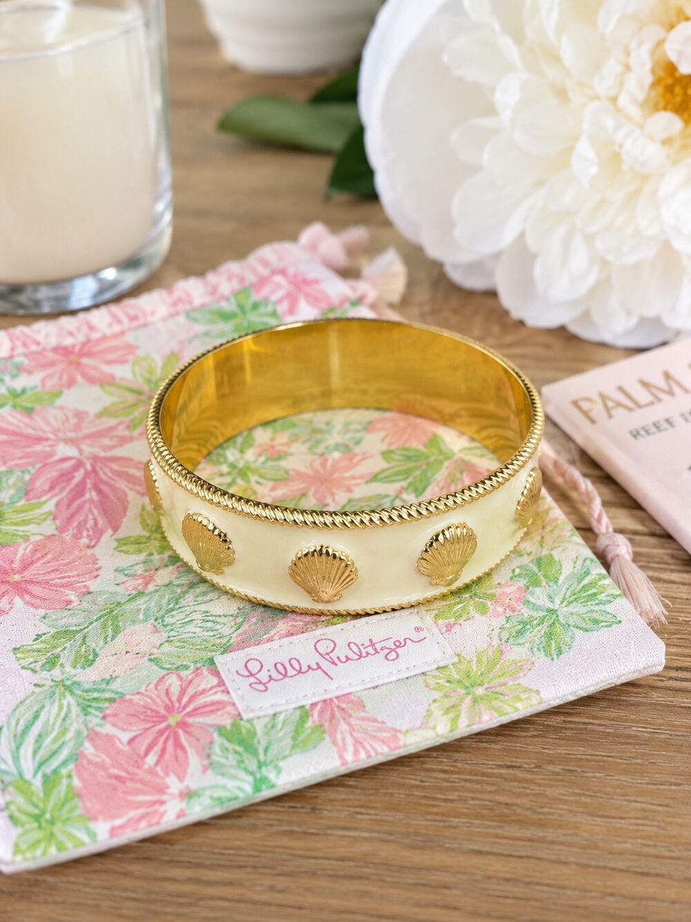 Lilly Pulitzer gold-tone and butter yellow enamel seashell bangle bracelet. NWOT